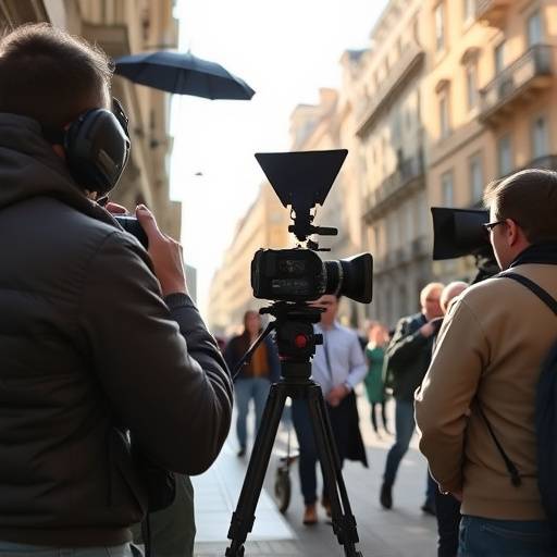 Equipo de filmación profesional grabando una escena en Madrid
