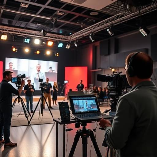 Equipo técnico transmitiendo un evento en vivo desde un estudio en Madrid